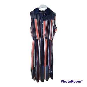 QED London Size L Button Down Sleeveless High-Low Striped Sheer Midi Dress NWT